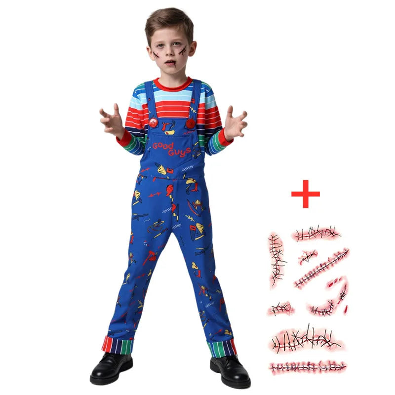 3-12Y Chucky Costume Halloween Horror Outfit Printed Letter Overalls Child Cosplay Dress Up Give The Gift of Scar Stickers