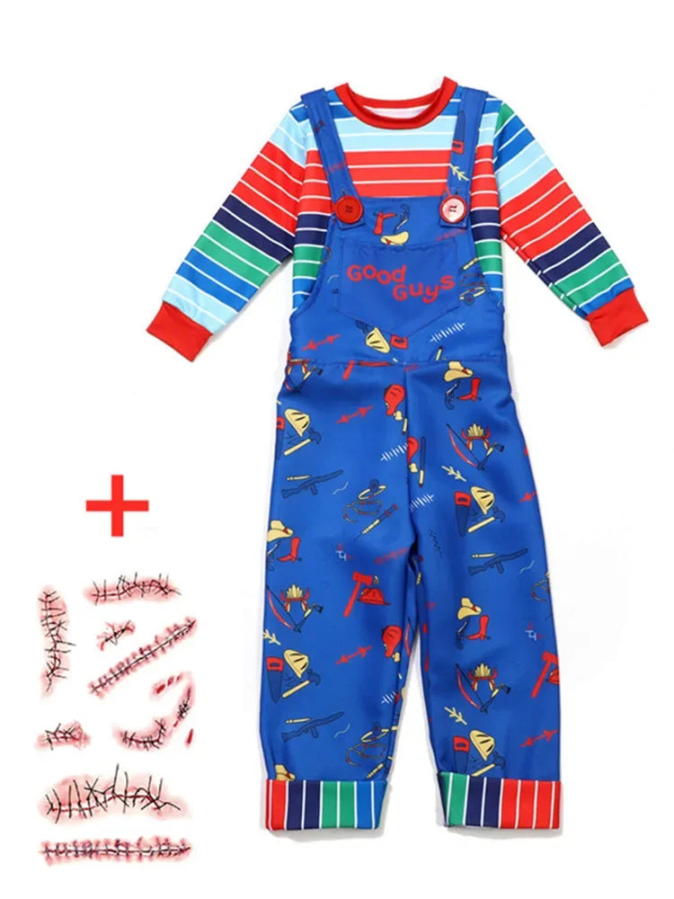 3-12Y Chucky Costume Halloween Horror Outfit Printed Letter Overalls Child Cosplay Dress Up Give The Gift of Scar Stickers